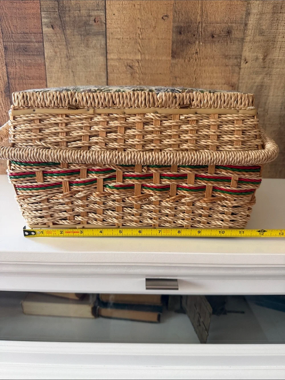 Vintage Wicker & Tapestry Sewing Basket with Assorted Sewing Notions